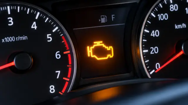 Világító Check Engine lámpa egy autó műszerfalán - Doctus